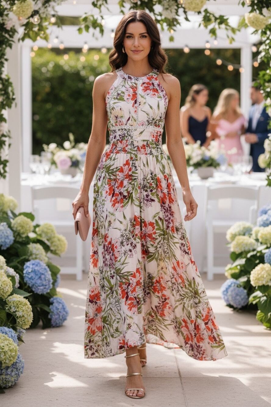 Floral Halter Maxi Dress - White Multi
